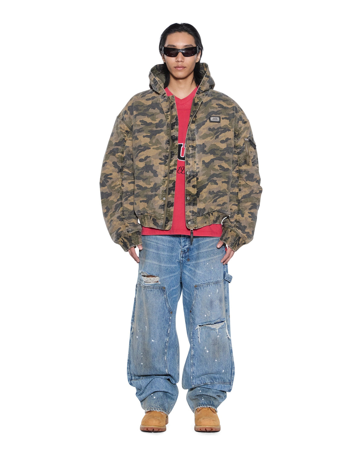 Mens Plated Bomber Jacket Camo Boxy Jackets - Green
