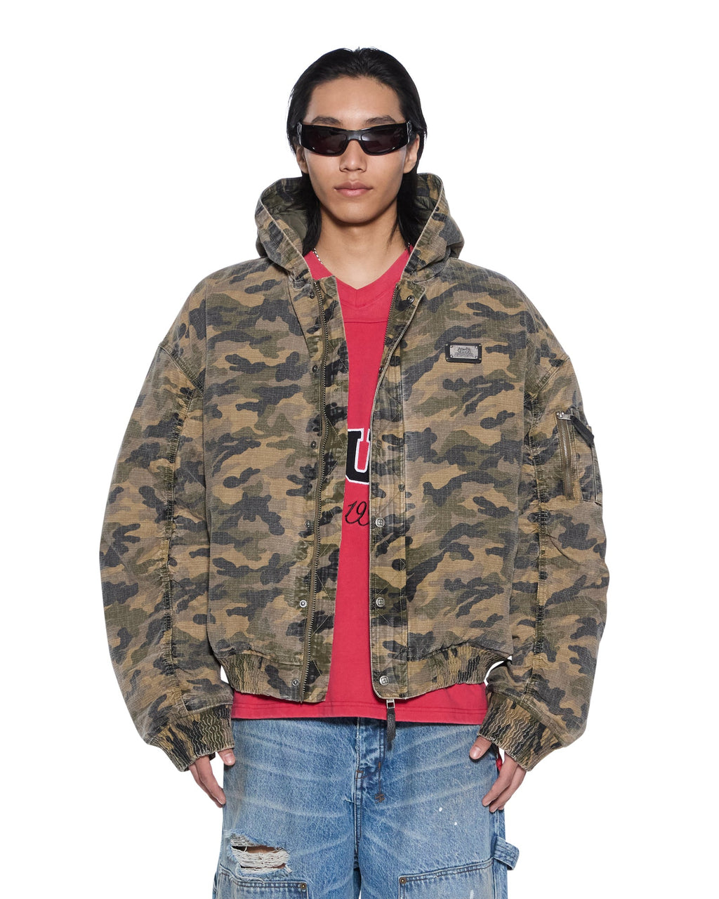 Mens Plated Bomber Jacket Camo Boxy Jackets - Green