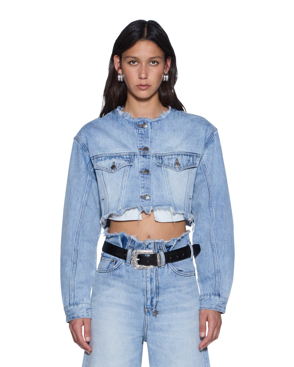 Womens Torn Off Crop Trucker Vapour Oversized Jackets - Denim