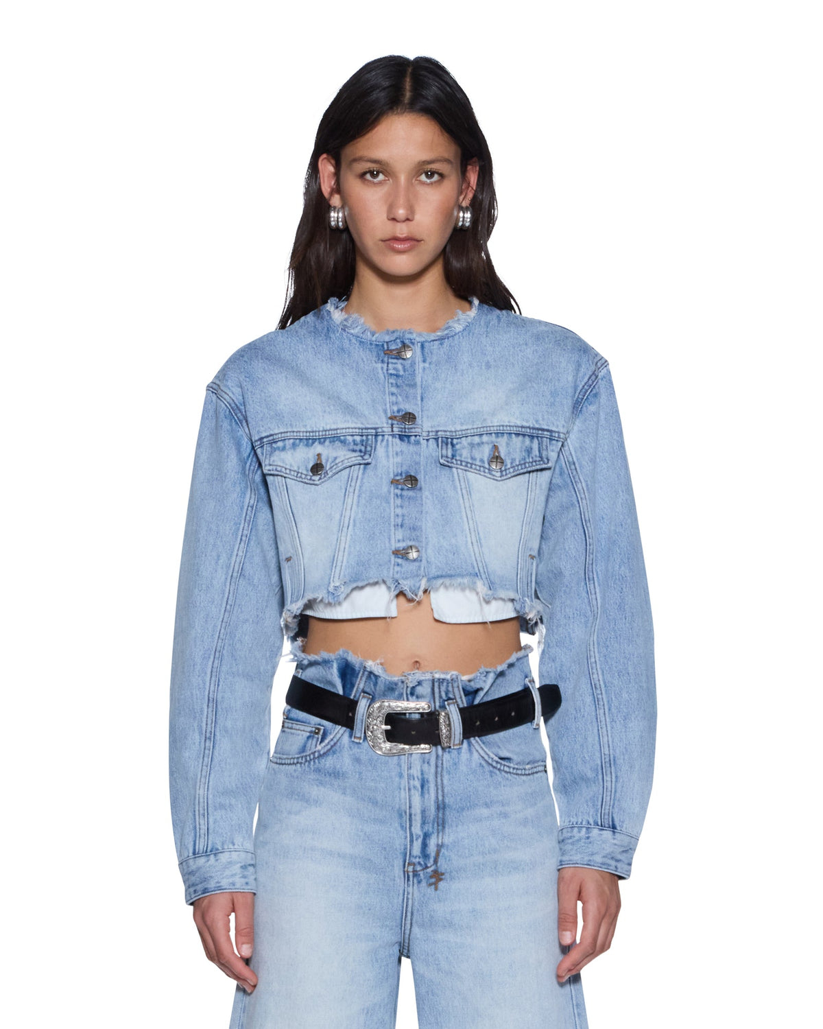Womens Torn Off Crop Trucker Vapour Oversized Jackets - Denim
