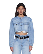Womens Torn Off Crop Trucker Vapour Oversized Jackets - Denim