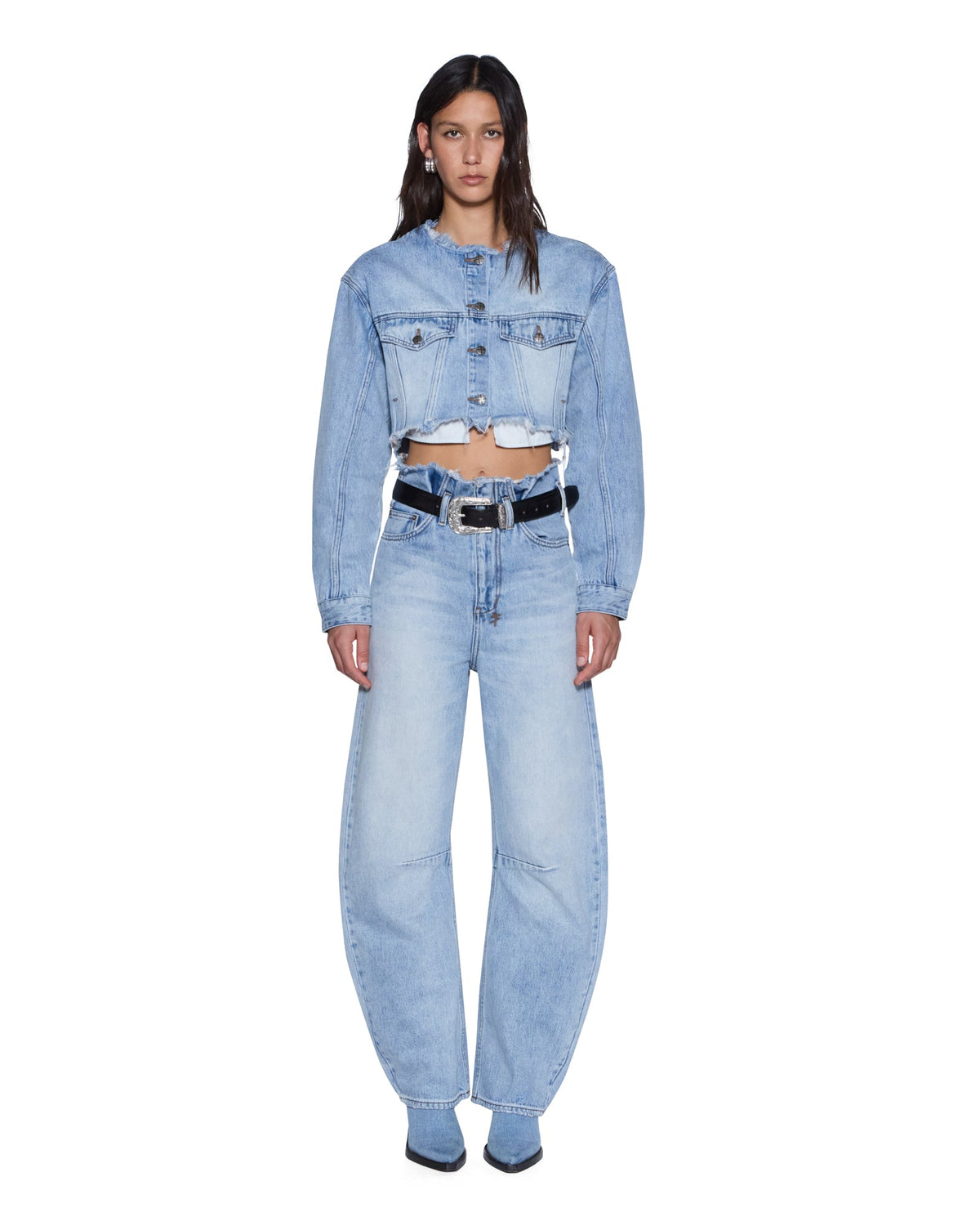 Womens Torn Off Crop Trucker Vapour Oversized Jackets - Denim