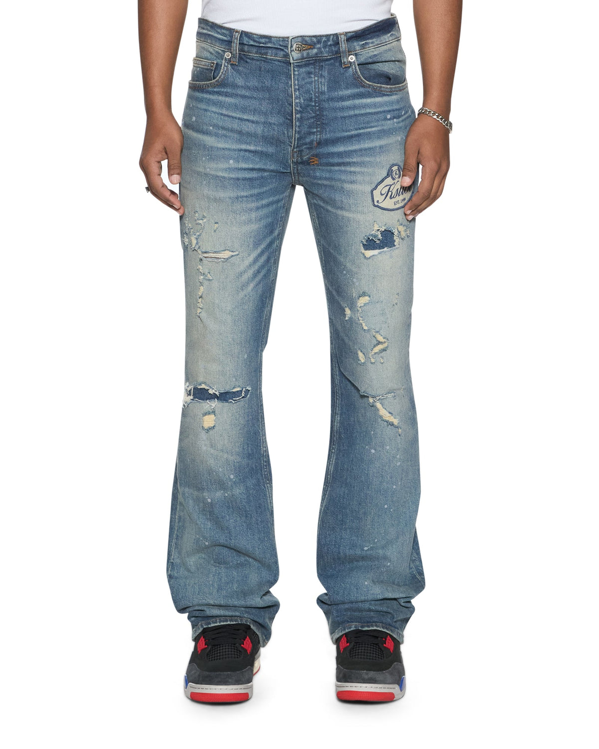 Mens Bronko Hendrix Blue Repair Bootcut Denim Jeans - Denim