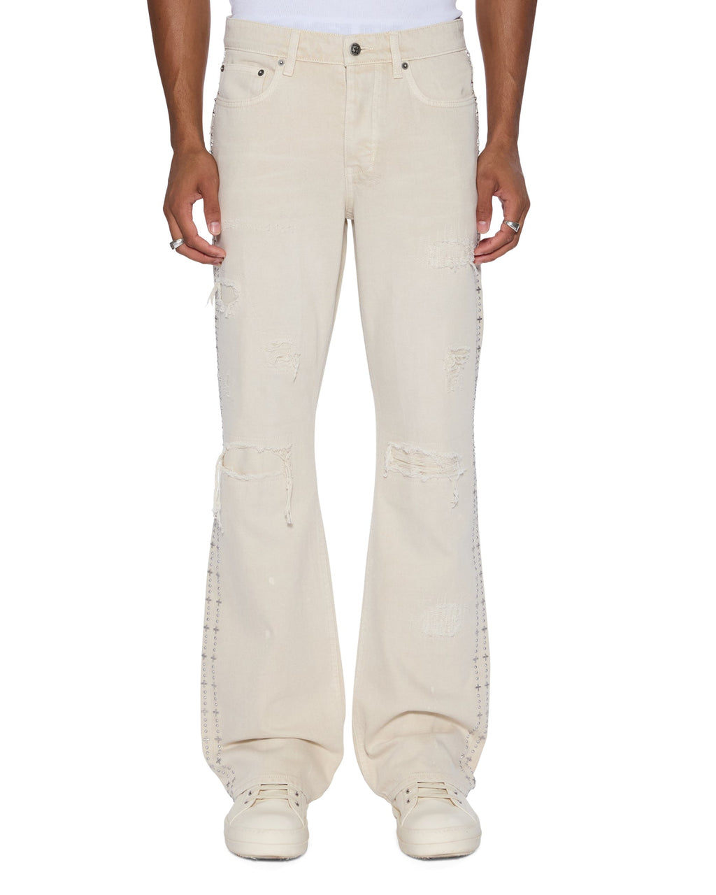 Mens Bronko Ivory Trashed Bootcut Denim Jeans - Beige