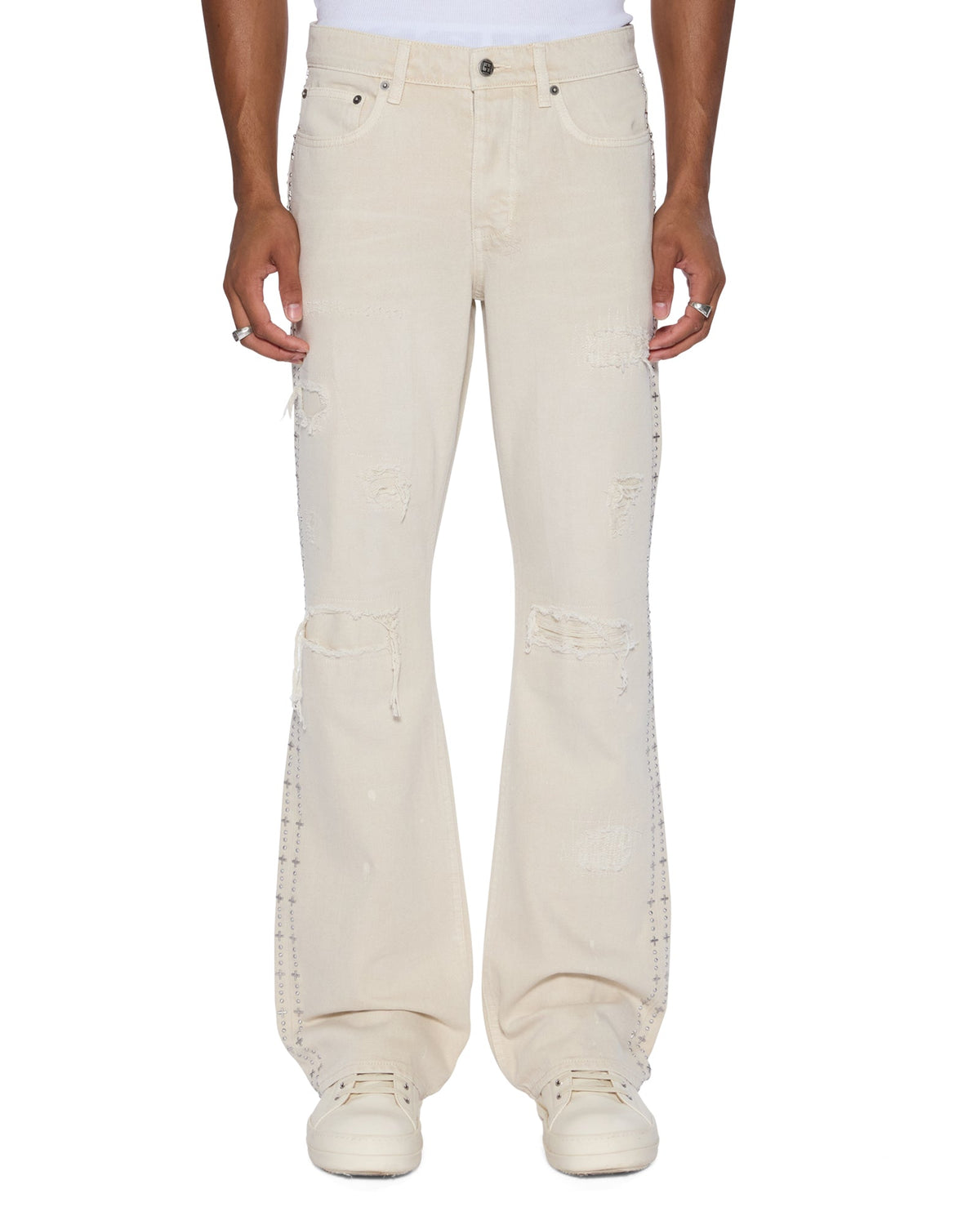 Mens Bronko Ivory Trashed Bootcut Denim Jeans - Beige