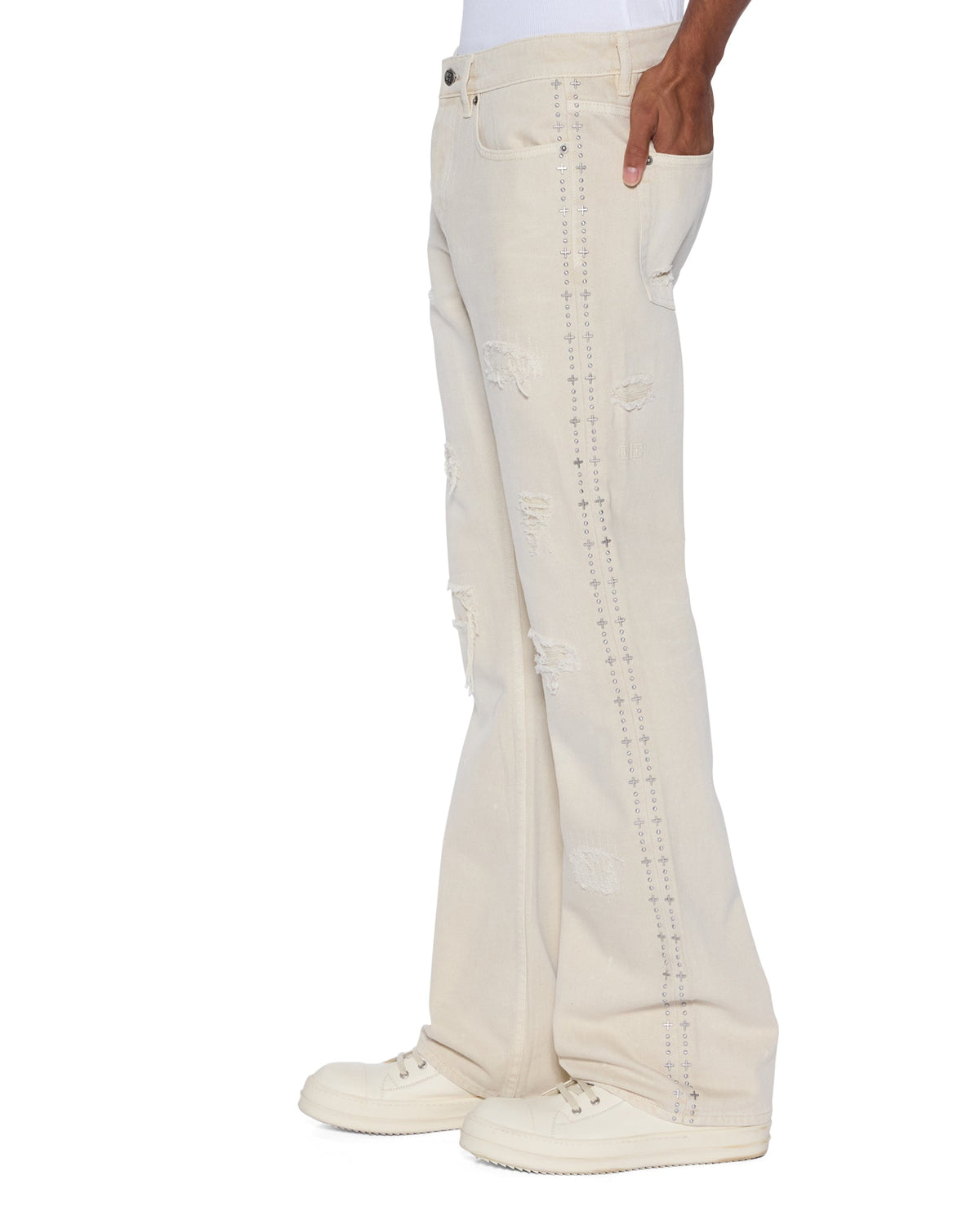 Mens Bronko Ivory Trashed Bootcut Denim Jeans - Beige