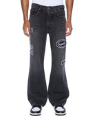 Mens Bronko Roadhouse Black Patched Bootcut Denim Jeans - Black