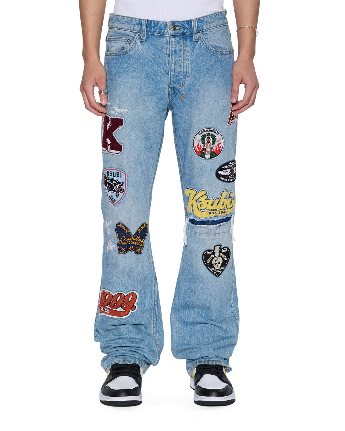 Mens Bronko True Patched Bootcut Denim Jeans - Denim