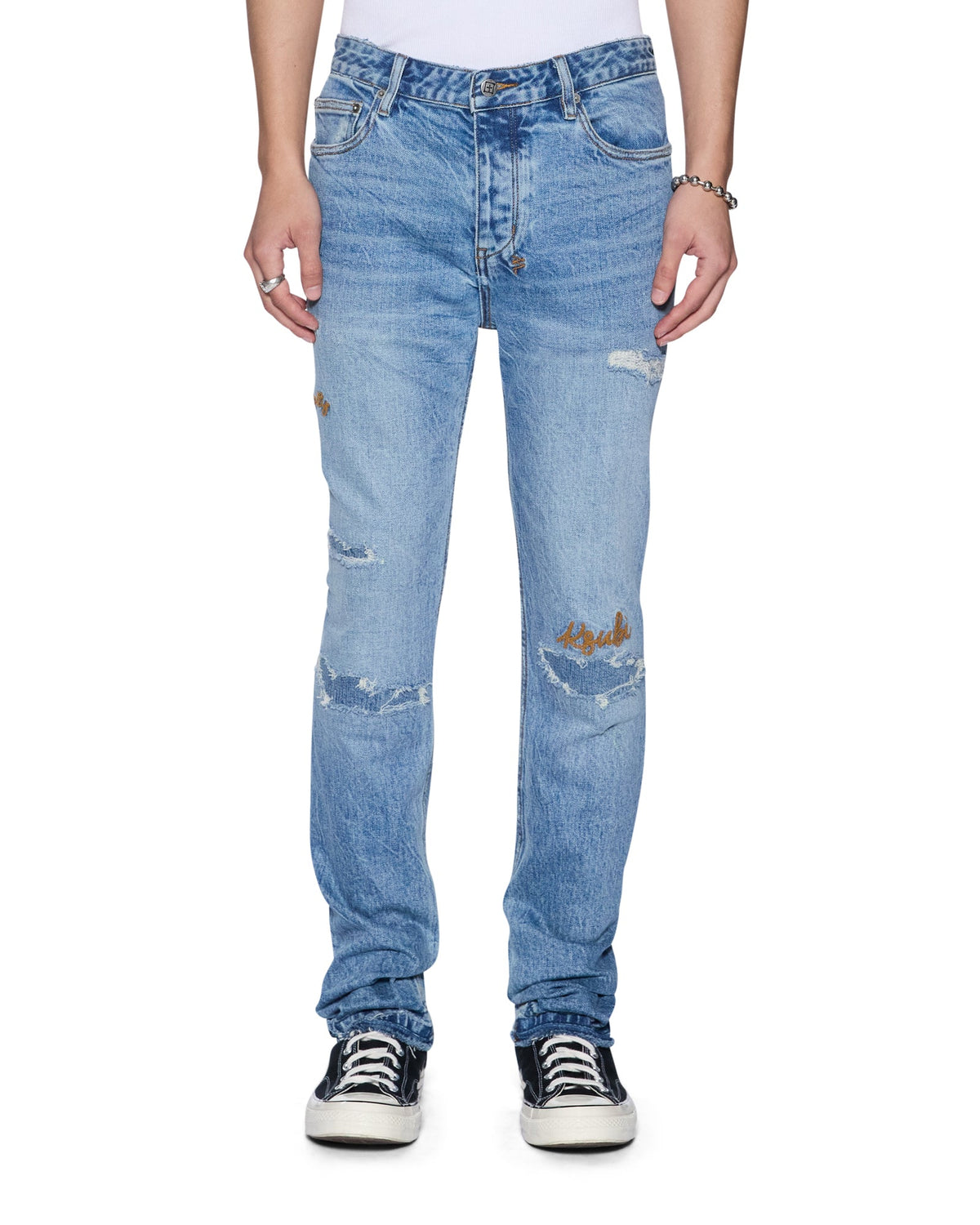 Mens Chitch Public Blue Repair Skribed Slim Denim Jeans - Denim