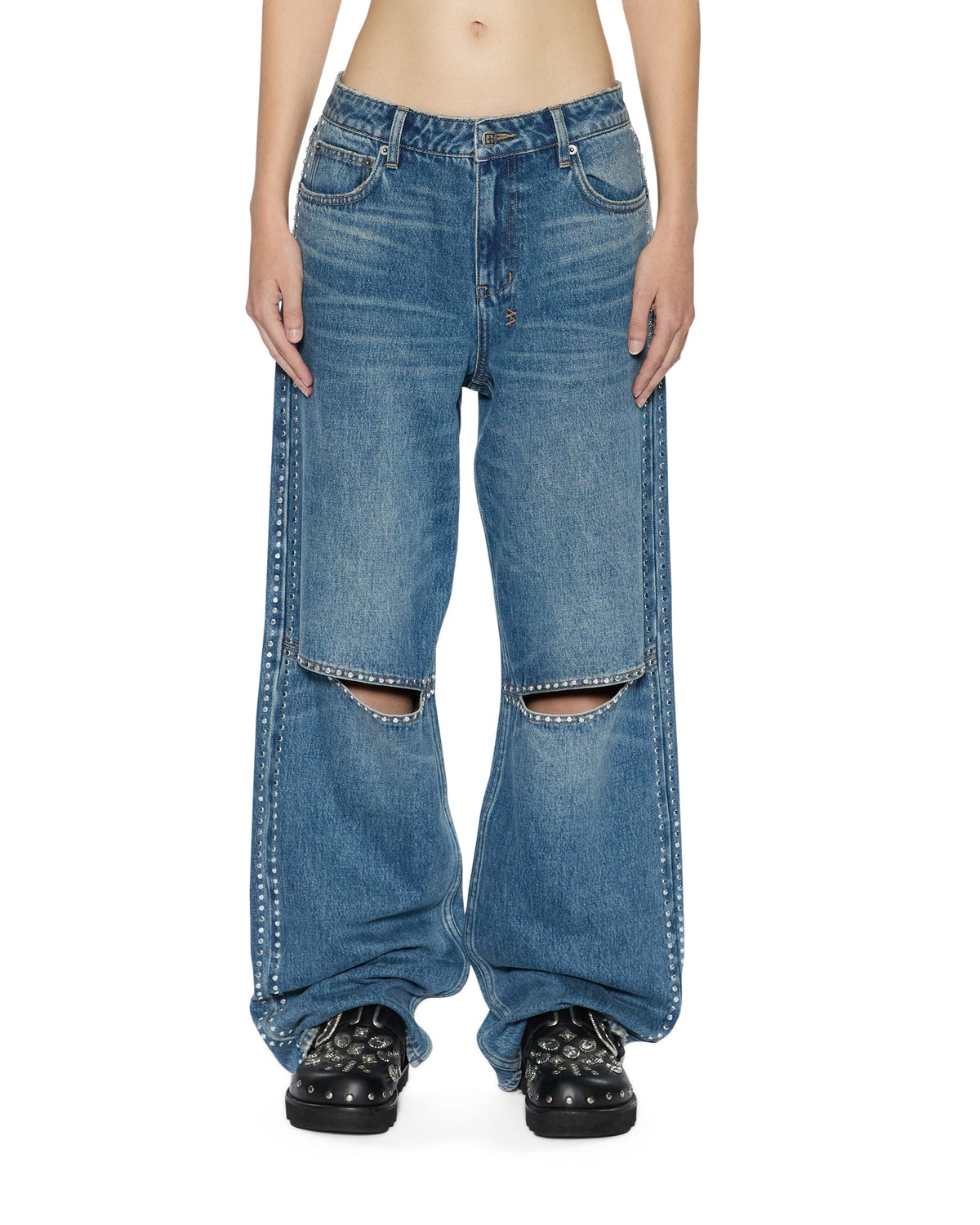 Womens Low Rider Texas Blue Studded Relaxed Denim Jeans - Denim