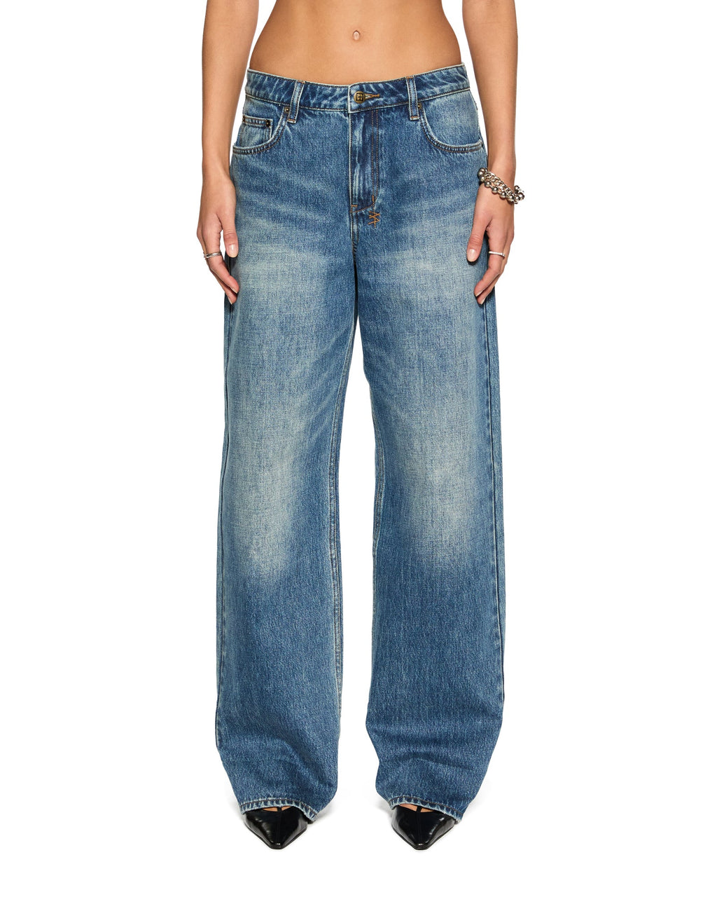 Womens Low Rider Cuffed Aged Baggy Denim Jeans - Denim