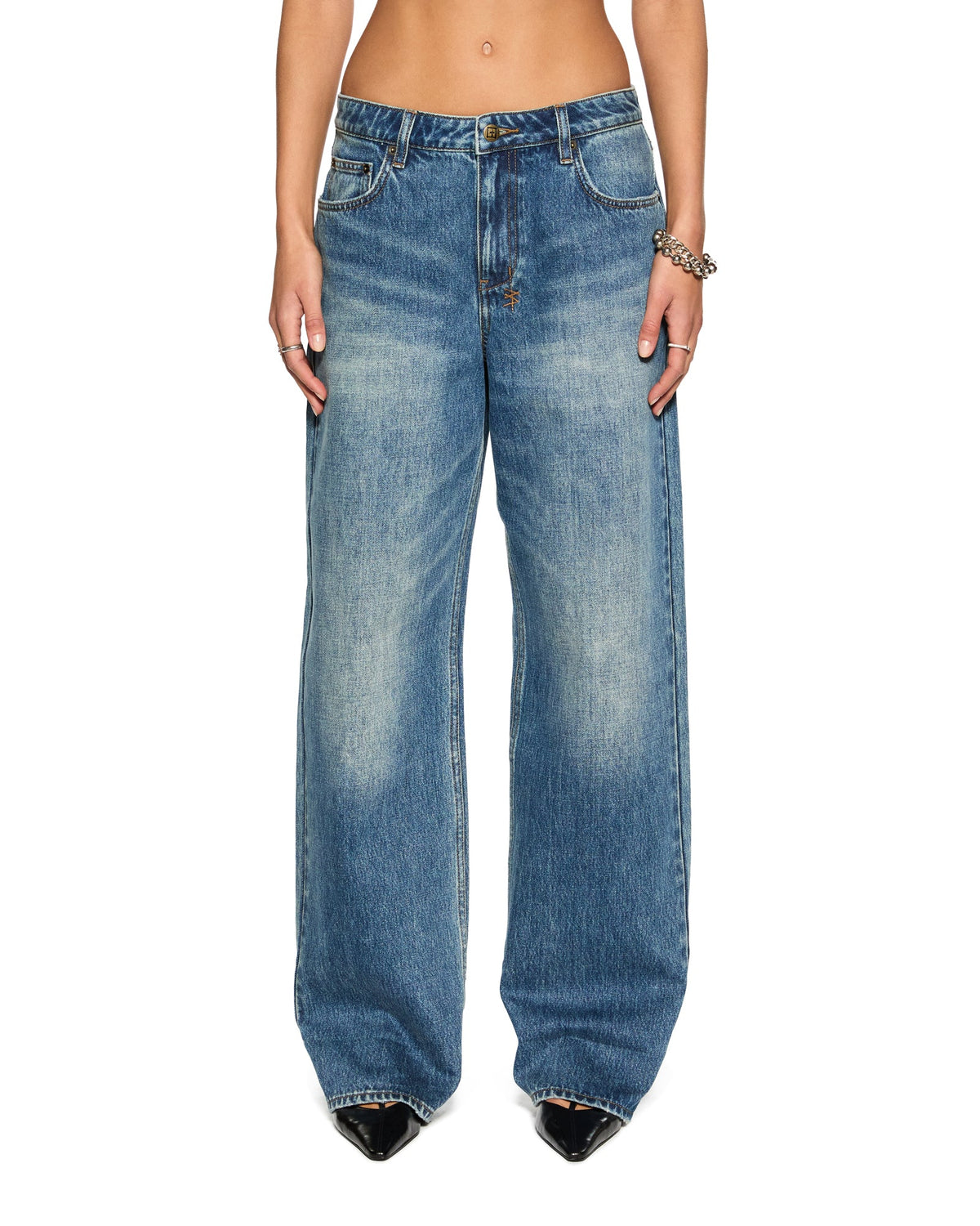 Womens Low Rider Cuffed Aged Baggy Denim Jeans - Denim
