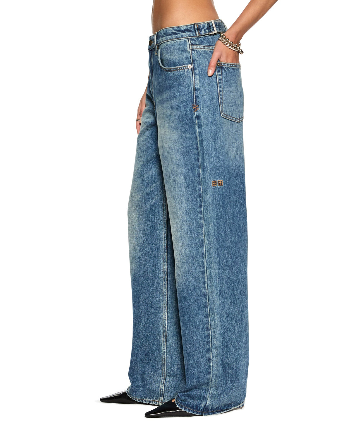 Womens Low Rider Cuffed Aged Baggy Denim Jeans - Denim