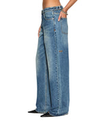 Womens Low Rider Cuffed Aged Baggy Denim Jeans - Denim