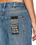 Womens Low Rider Cuffed Aged Baggy Denim Jeans - Denim