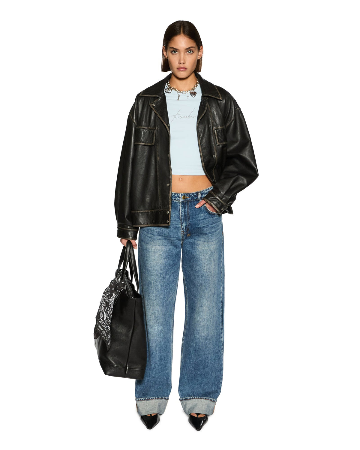 Womens Low Rider Cuffed Aged Baggy Denim Jeans - Denim