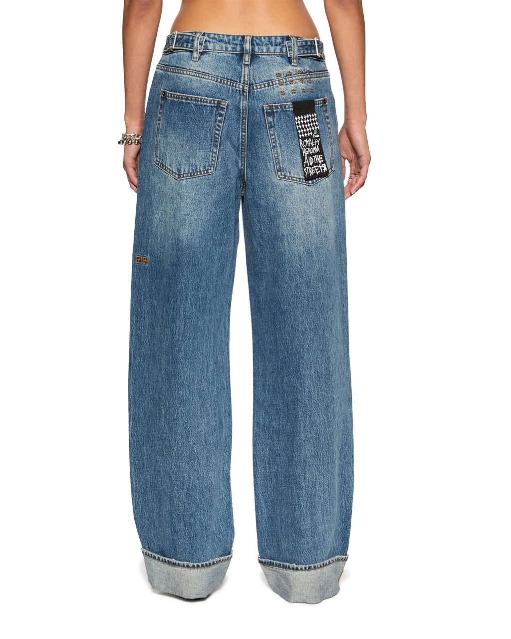 Womens Low Rider Cuffed Aged Baggy Denim Jeans - Denim