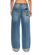 Womens Low Rider Cuffed Aged Baggy Denim Jeans - Denim