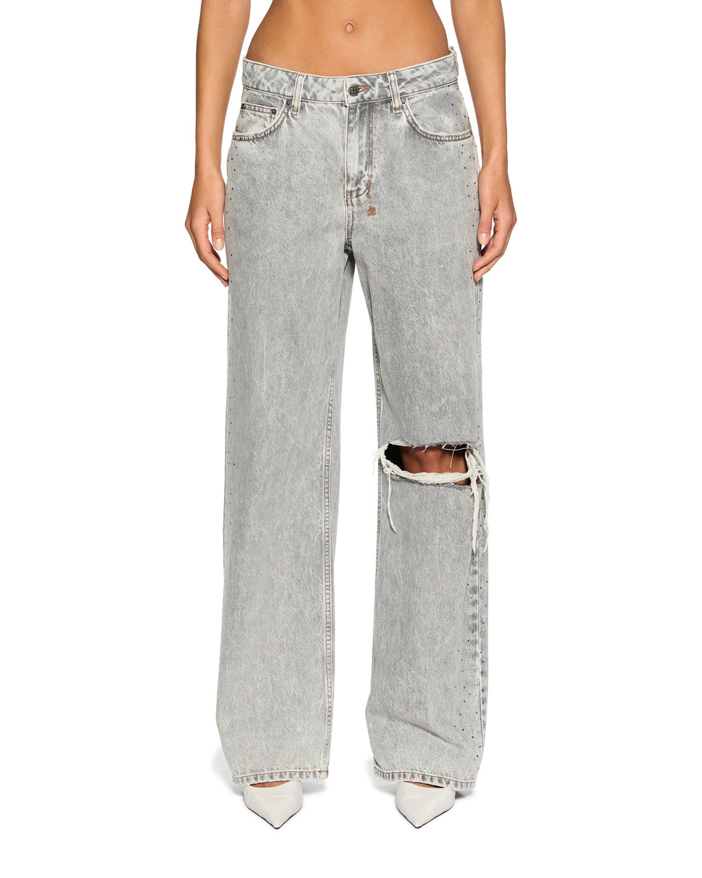 Womens Low Rider Dime Krystal Trashed Baggy Denim Jeans - Grey