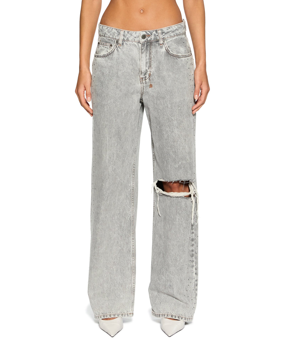 Womens Low Rider Dime Krystal Trashed Baggy Denim Jeans - Grey