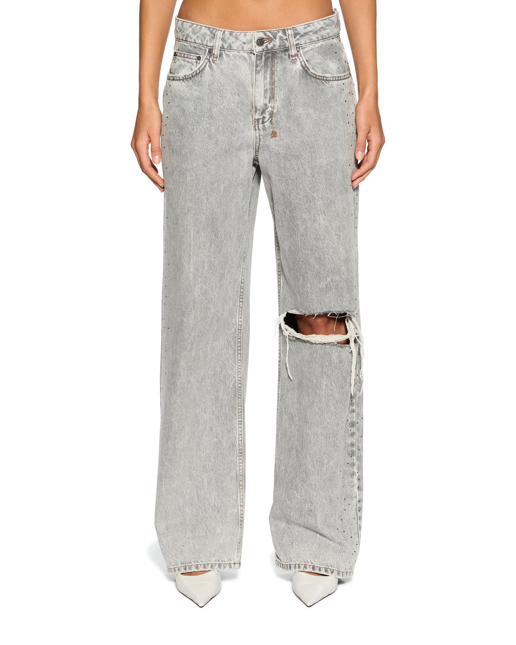 Womens Low Rider Dime Krystal Trashed Baggy Denim Jeans - Grey