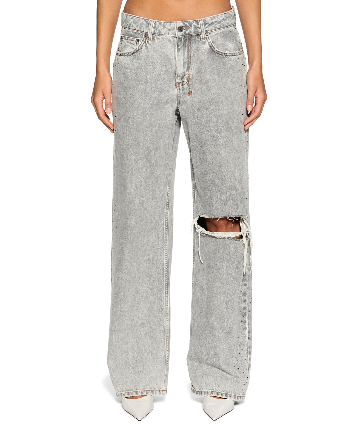 Womens Low Rider Dime Krystal Trashed Baggy Denim Jeans - Grey
