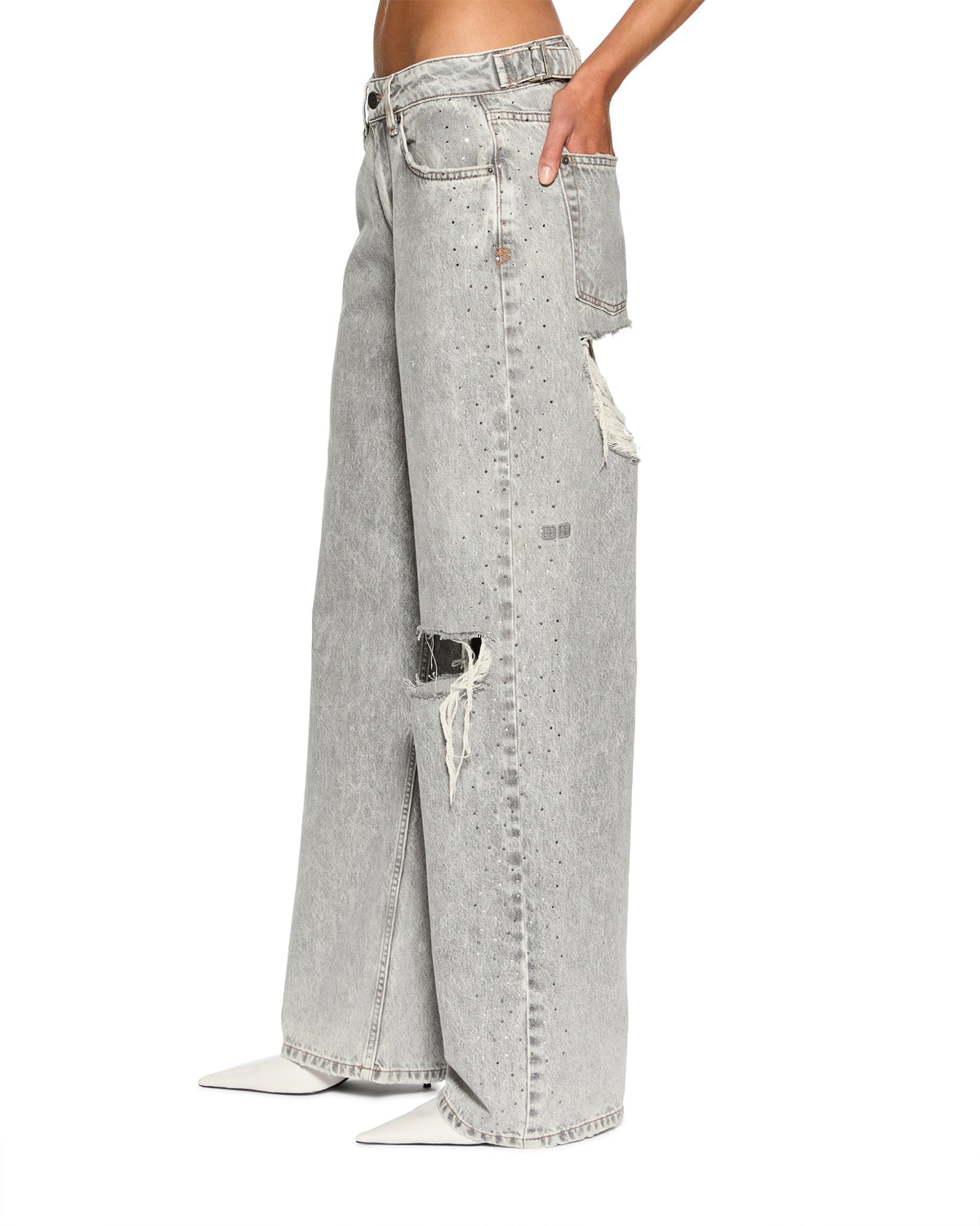 Womens Low Rider Dime Krystal Trashed Baggy Denim Jeans - Grey