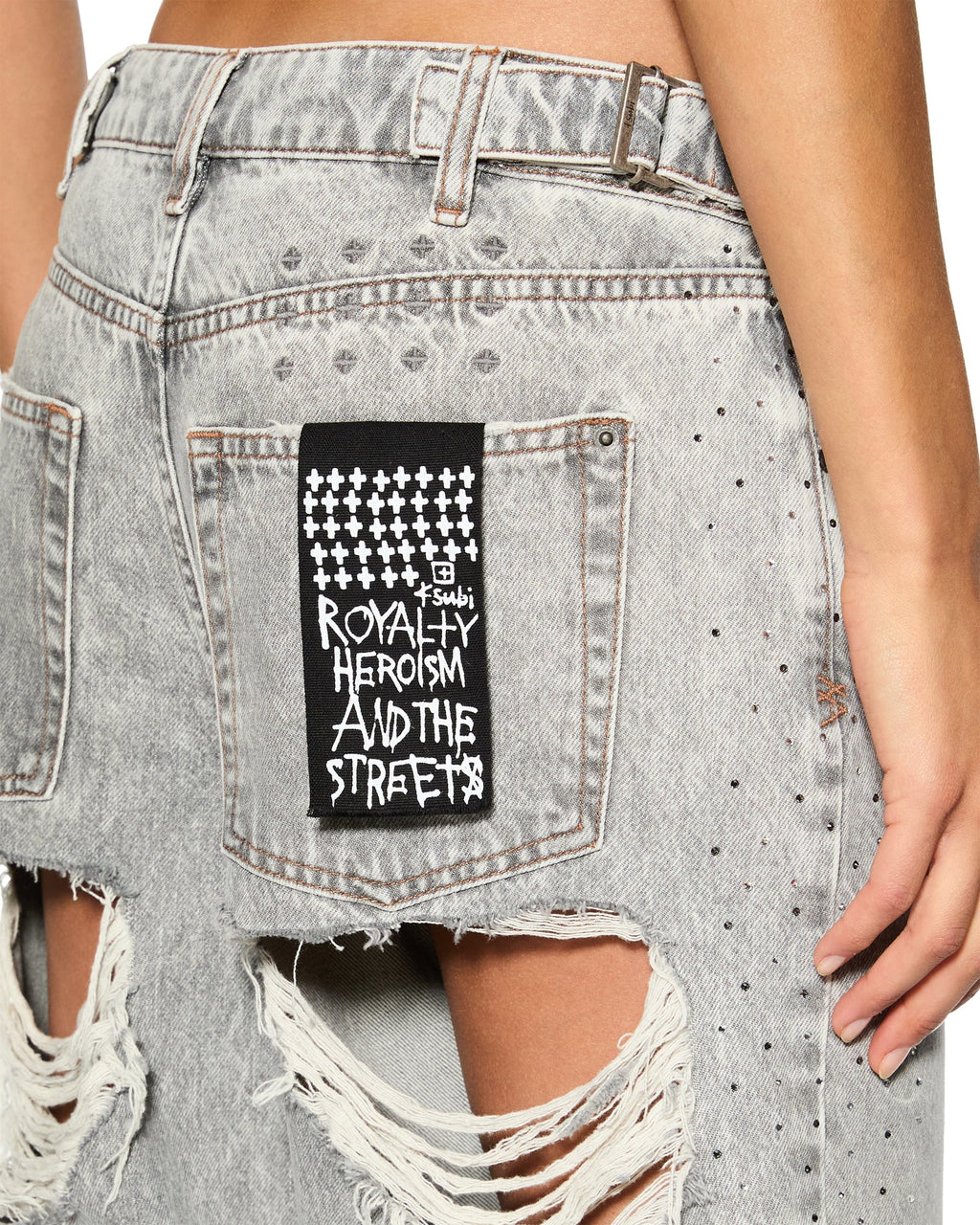 Womens Low Rider Dime Krystal Trashed Baggy Denim Jeans - Grey