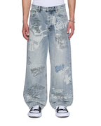 Mens Maxx Rogue Blue Graffiti Baggy Denim Jeans - Denim