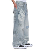 Mens Maxx Rogue Blue Graffiti Baggy Denim Jeans - Denim