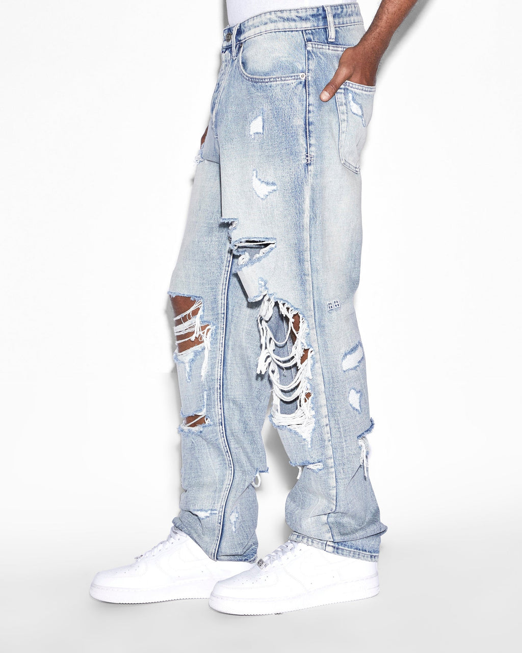 Mens Anti K Punk Blue Shred Relaxed Denim Jeans - Denim
