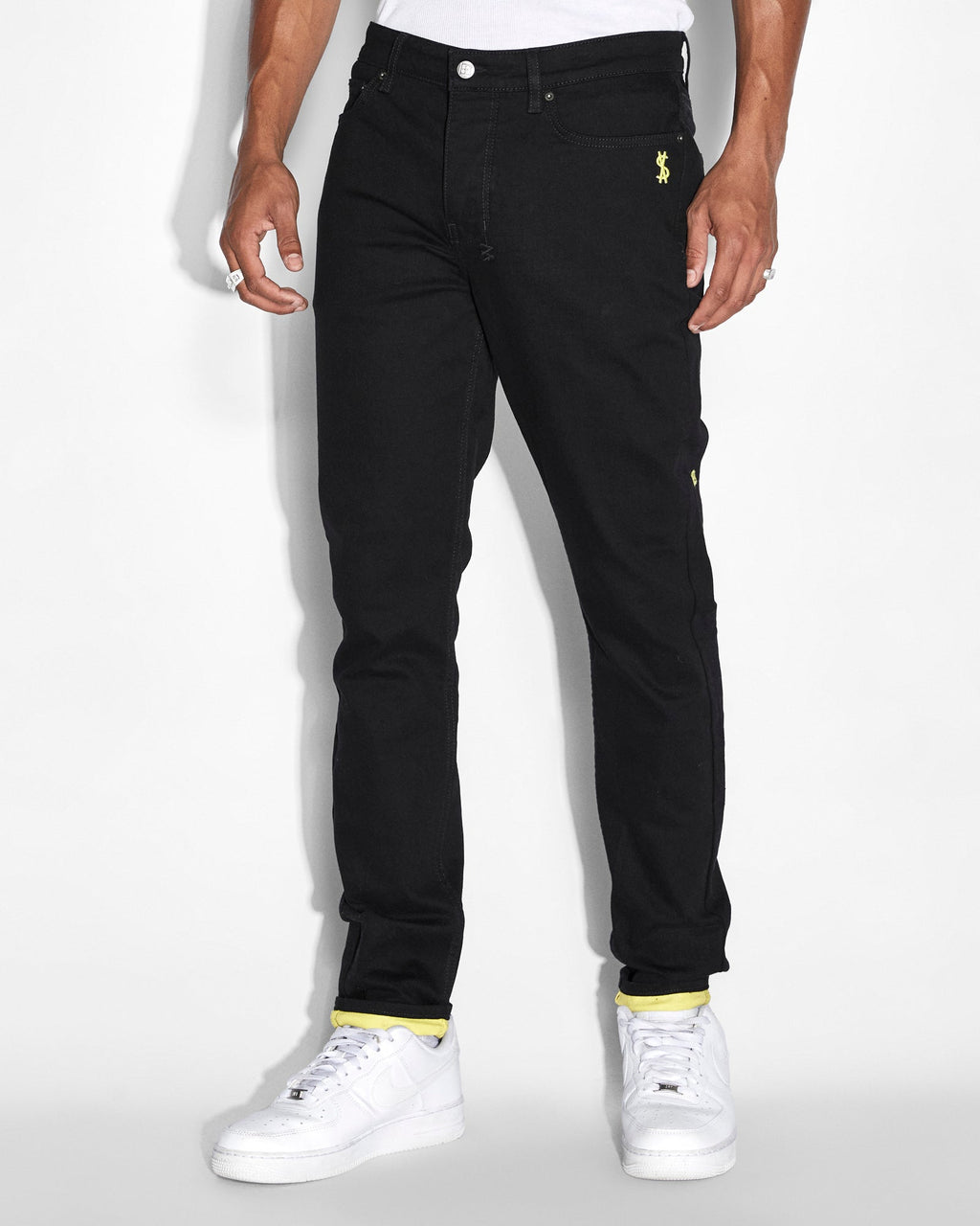 Mens Chitch Roll Up Yellow Slim Denim Jeans - Black