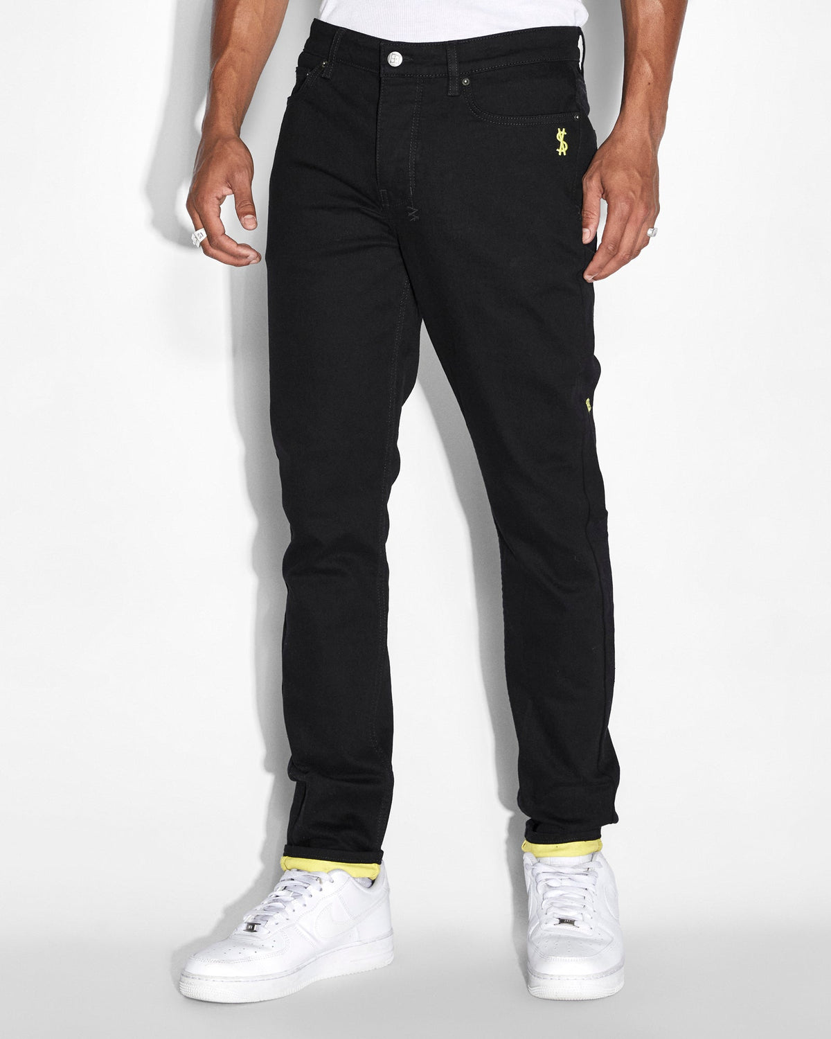Mens Chitch Roll Up Yellow Slim Denim Jeans - Black