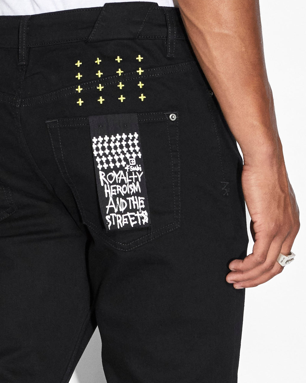 Mens Chitch Roll Up Yellow Slim Denim Jeans - Black