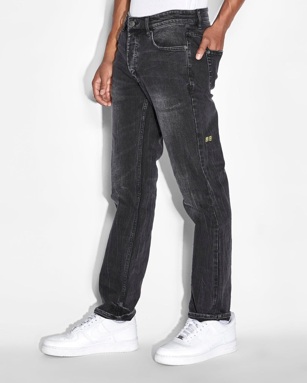Mens Hazlow Knight Yellow Straight Denim Jeans - Black