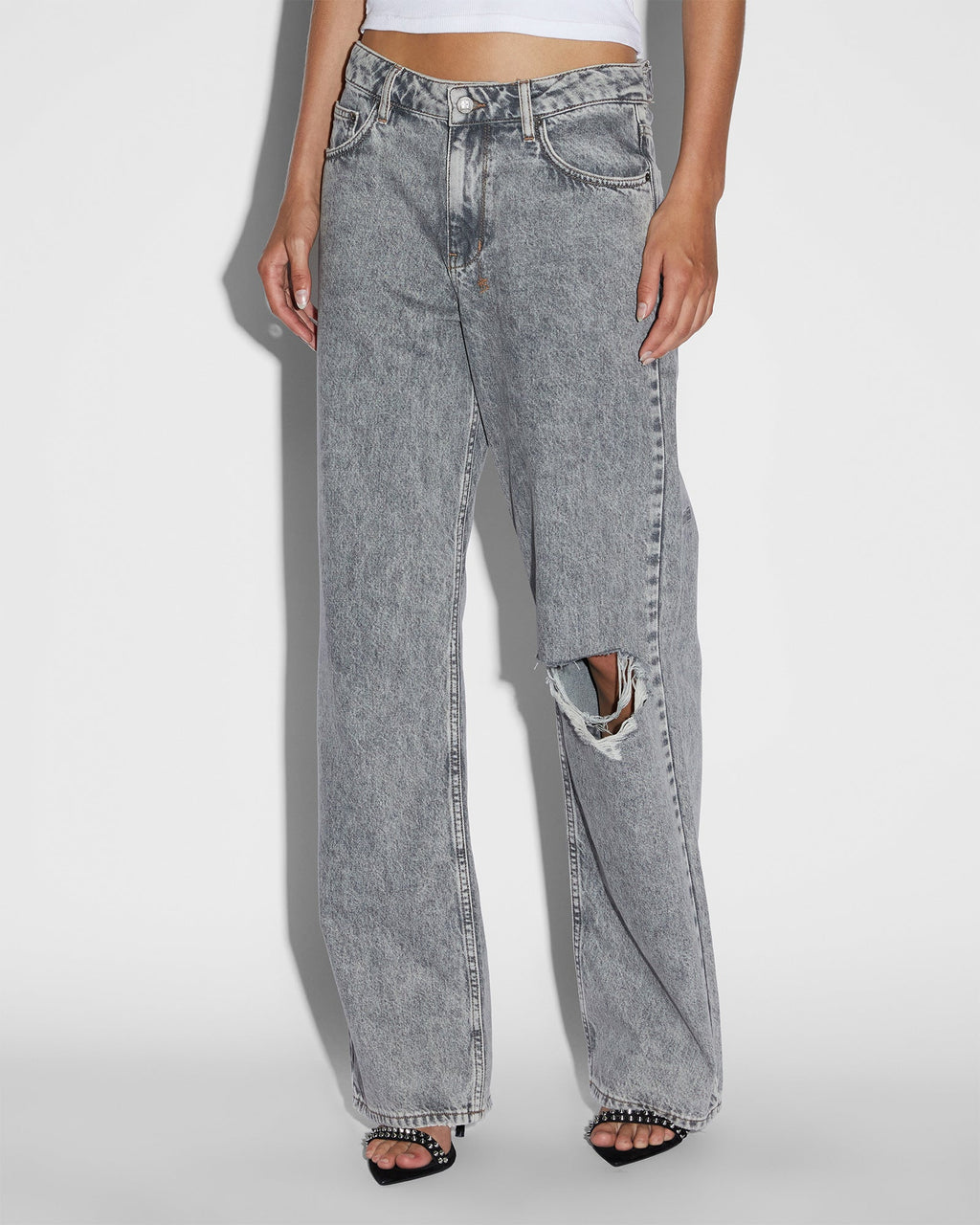 Womens Low Rider Dime Sliced Baggy Denim Jeans - Grey