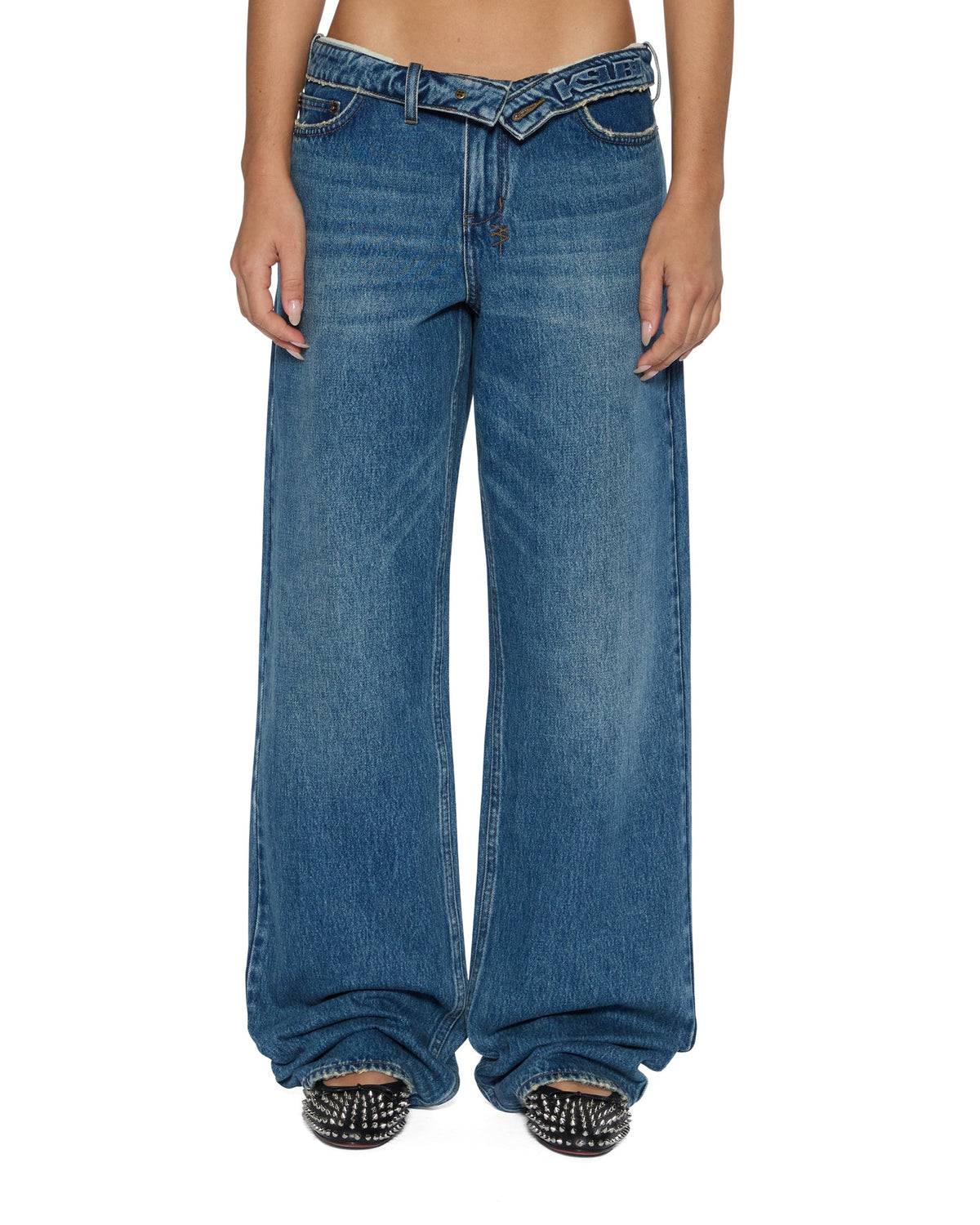 Womens Low Rider Flip Aged Relaxed Denim Jeans - Denim