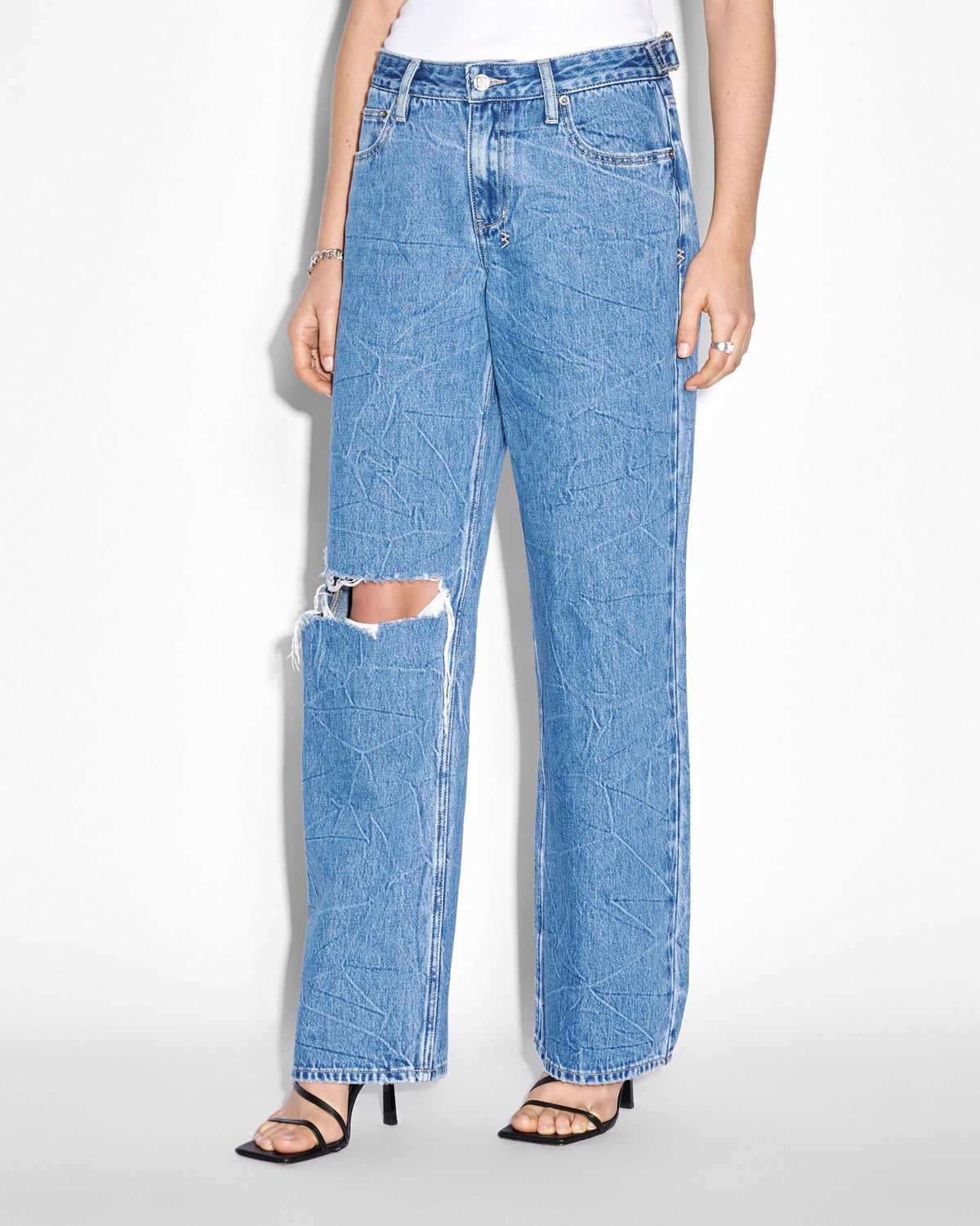 Womens Low Rider Ramble Trashed Baggy Denim Jeans - Denim