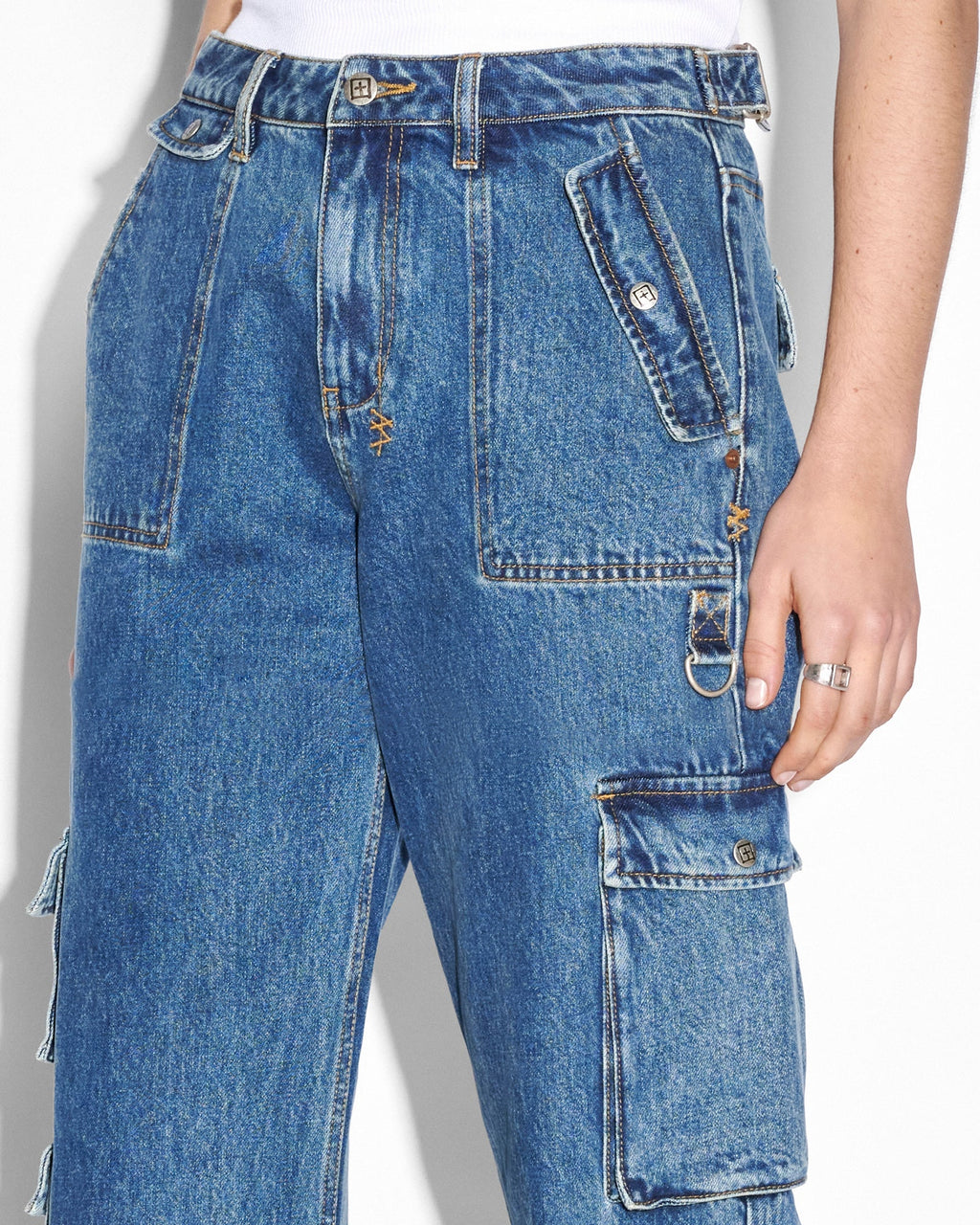 Womens Low Rider Recall Cargo Baggy Denim Jeans - Denim