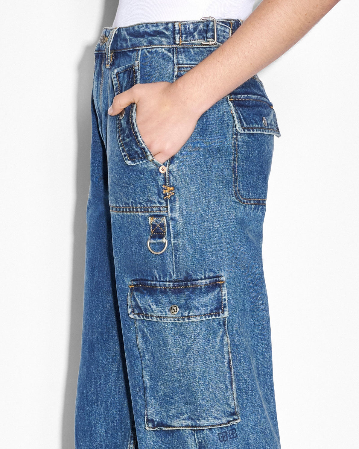 Womens Low Rider Recall Cargo Baggy Denim Jeans - Denim