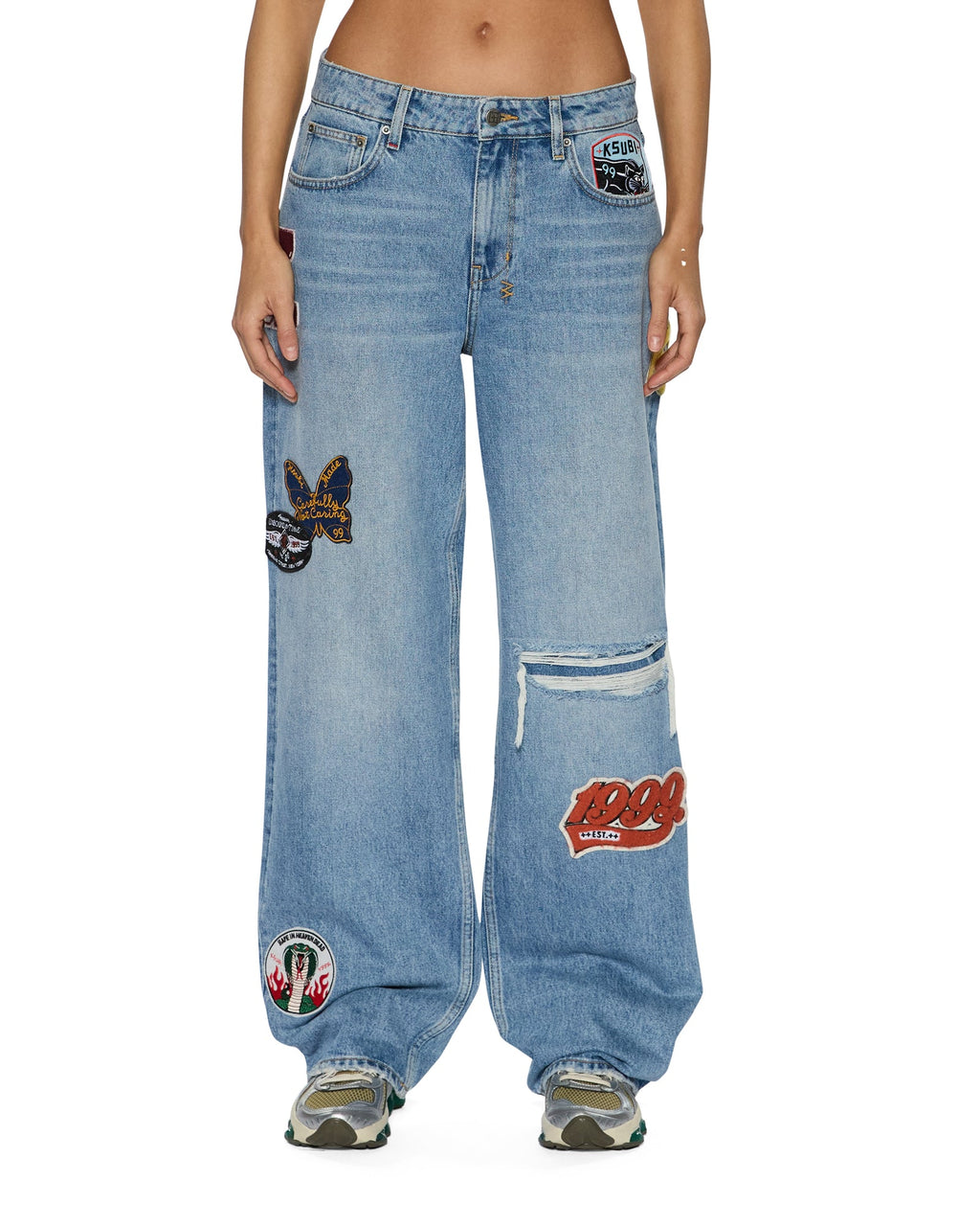 Womens Low Rider Horizon Patch Relaxed Denim Jeans - Denim