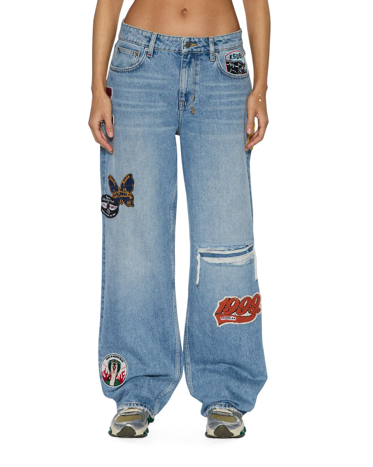 Womens Low Rider Horizon Patch Relaxed Denim Jeans - Denim