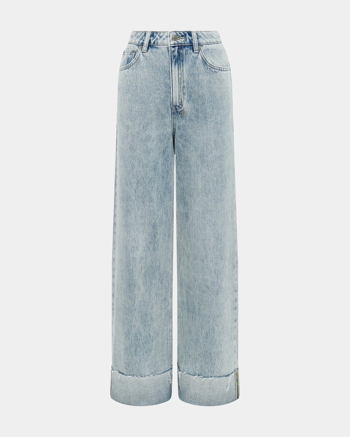 Womens Strider Worn Cuffed Wide Denim Jeans - Denim