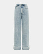 Womens Strider Worn Cuffed Wide Denim Jeans - Denim