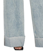 Womens Strider Worn Cuffed Wide Denim Jeans - Denim