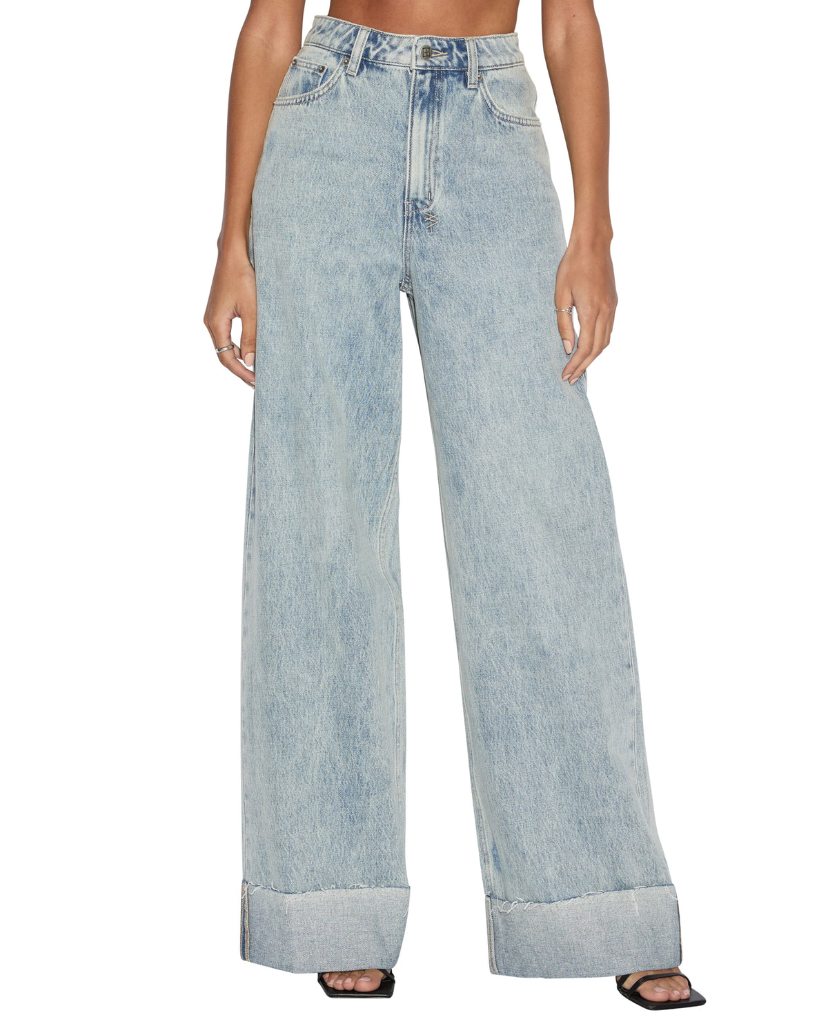 Womens Strider Worn Cuffed Wide Denim Jeans - Denim
