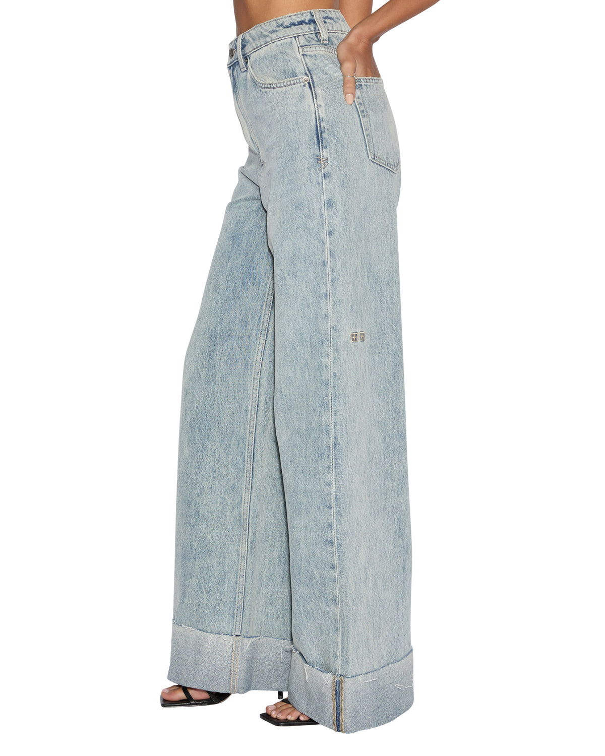 Womens Strider Worn Cuffed Wide Denim Jeans - Denim