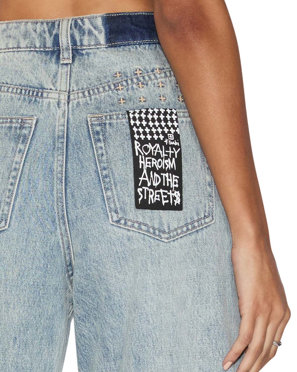 Womens Strider Worn Cuffed Wide Denim Jeans - Denim
