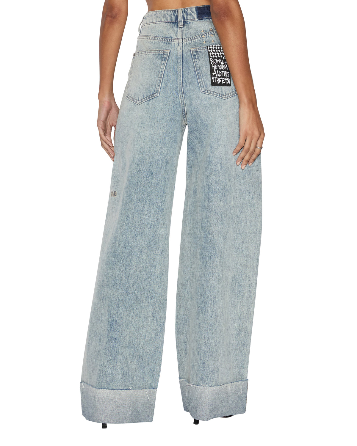Womens Strider Worn Cuffed Wide Denim Jeans - Denim