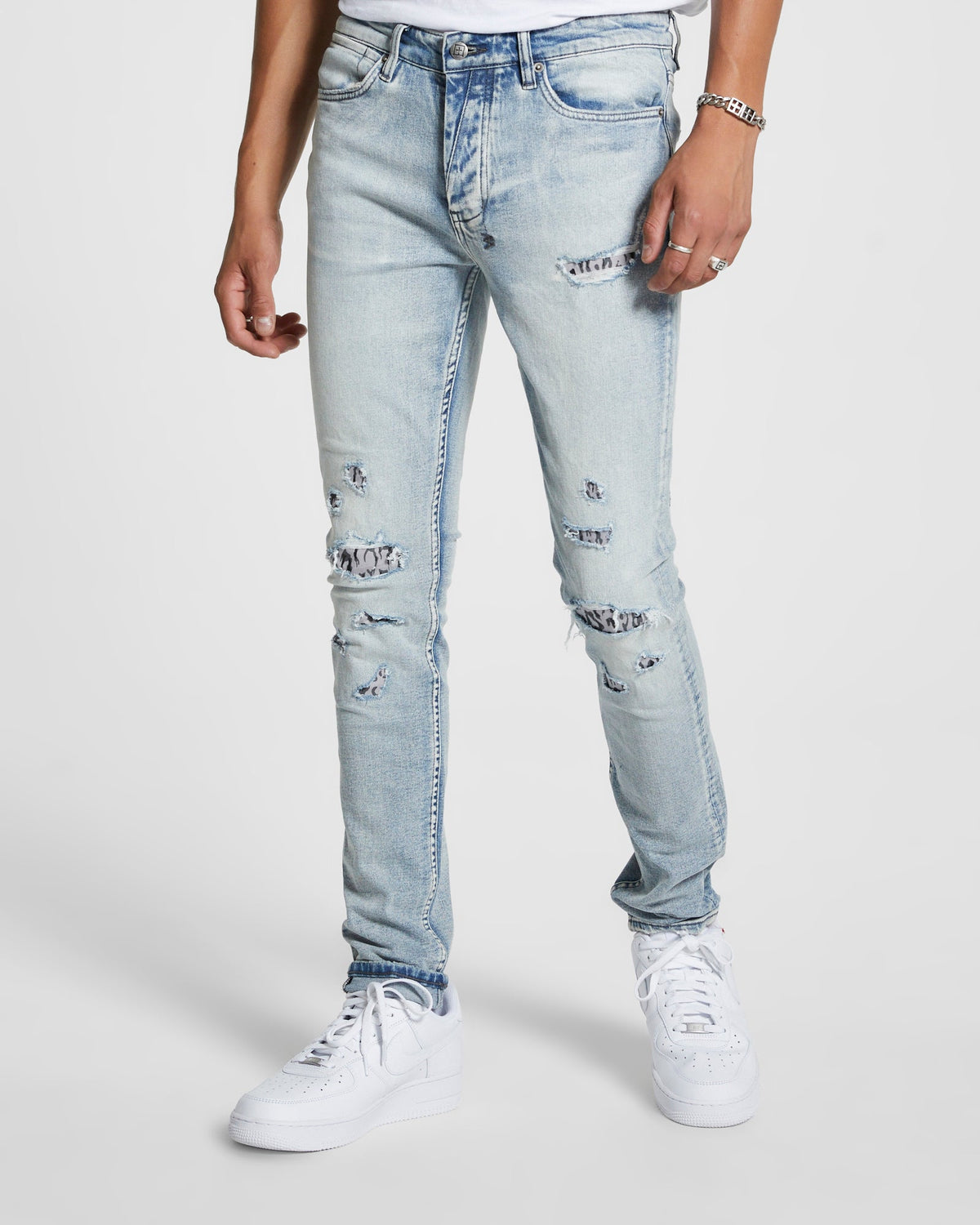 Mens Van Winkle Fire Patch Punk Blu Skinny Denim Jeans - Denim
